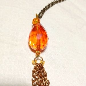 Gold tassel pendant necklace golden bead amber glass honey orange chain handmade